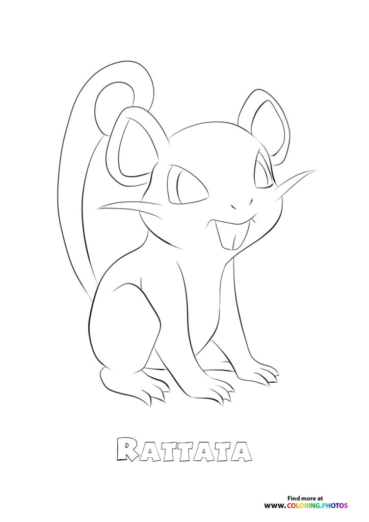 Rattata standing with curved tail raised, showing buck teeth coloring page from Generation 1 Pokemon