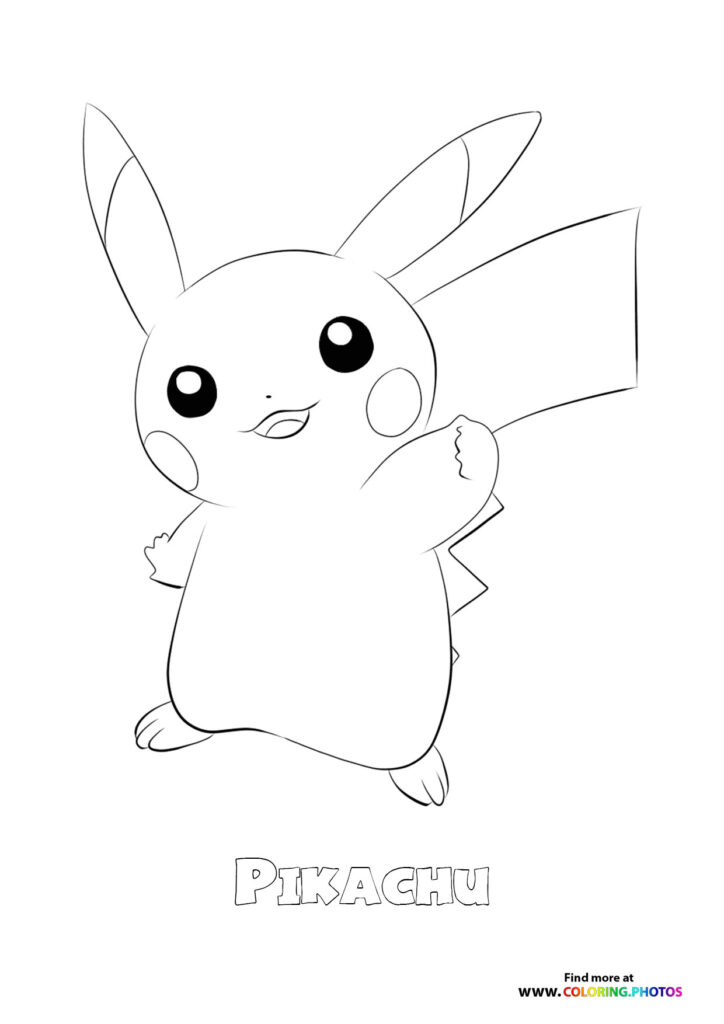 Pikachu with raised tail and outstretched arms smiling brightly, coloring page from Pokemon Generation 1