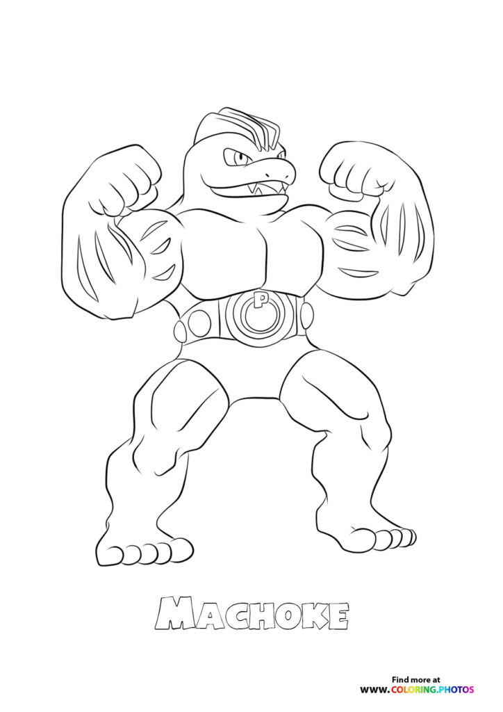 Machoke flexing its muscular arms in a fighting pose coloring page from Pokémon Generation 1