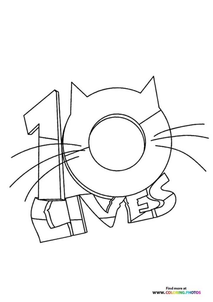 Cat face with pointed ears and long whiskers coloring page from 10 Lives