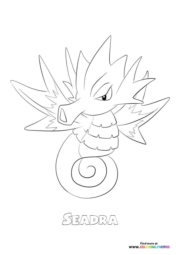 Seadra with raised crown fins and spiral tail coloring page from Generation 1 Pokemon