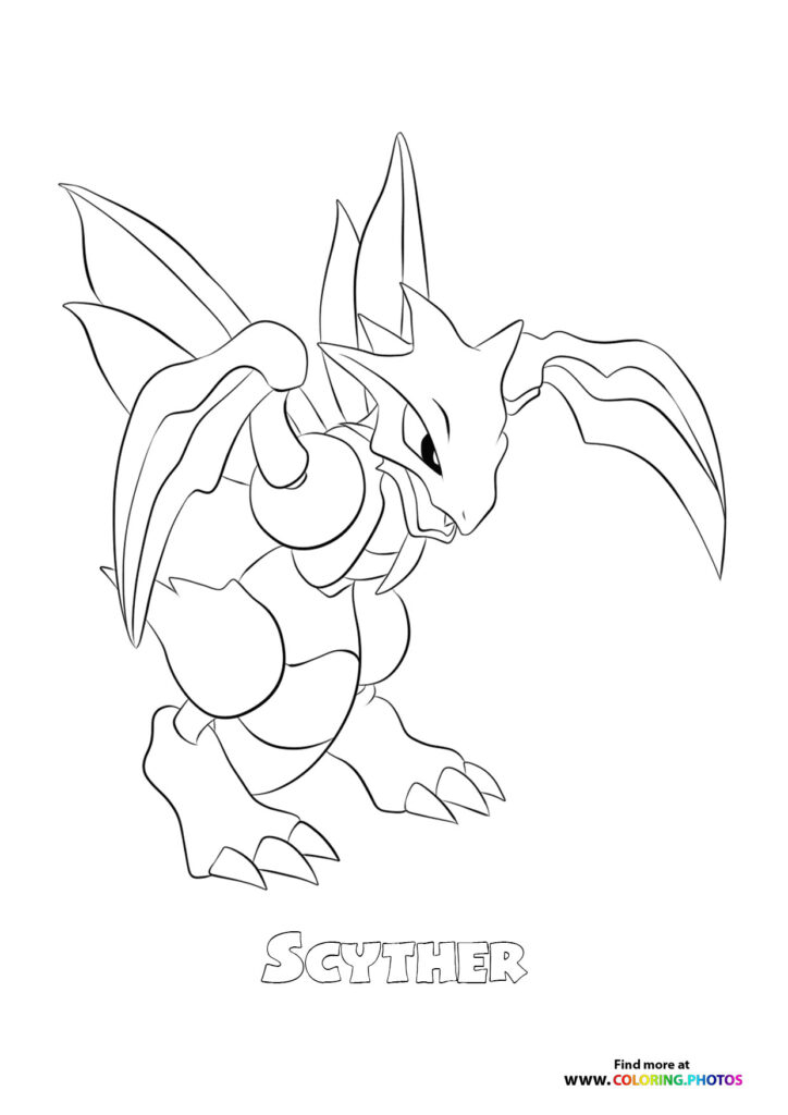 Scyther with raised scythe arms and large wings coloring page from Pokemon Generation 1