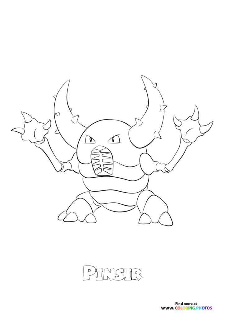 Pinsir with raised pincers and muscular body coloring page from Pokemon generation one