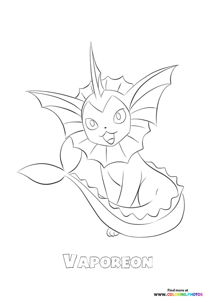 Vaporeon with flowing fins and happy expression coloring page from Pokemon Generation 1