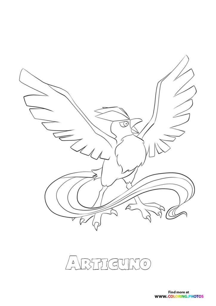 Articuno, the legendary ice bird Pokemon, with spread wings and flowing tail feathers coloring page