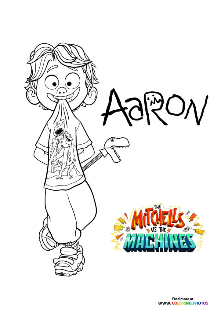 Aaron Mitchell holding a toy dinosaur and axe, wearing a creature-printed shirt coloring page from The Mitchells vs the Machines
