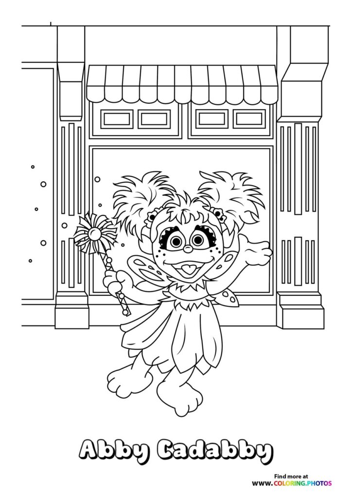 Abby Cadabby holding magic wand in front of Sesame Street storefront coloring page