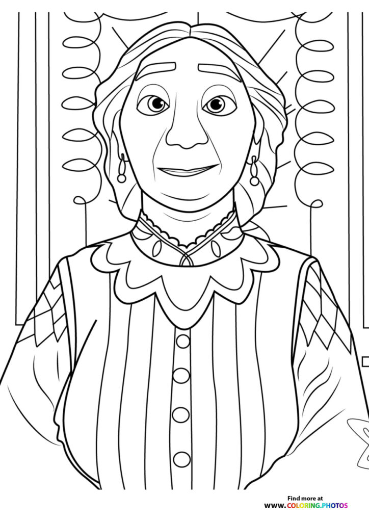 Abuela Madrigal smiling with dangling earrings and decorative dress coloring page from Encanto