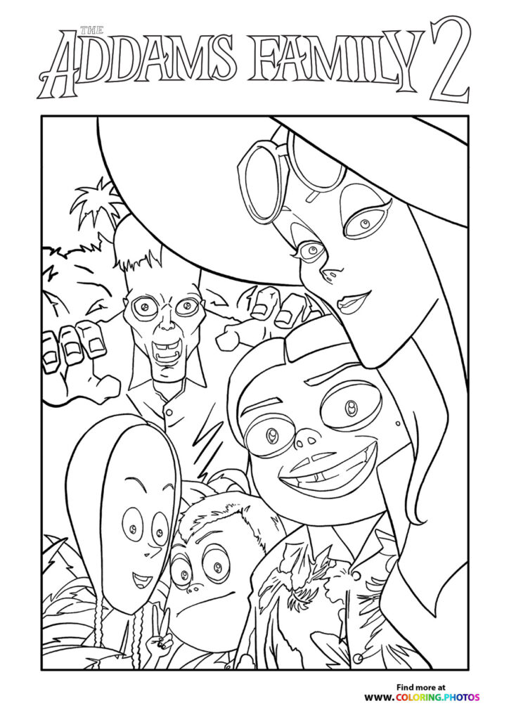 The Addams family members grouped together with big smiles coloring page from The Addams Family 2