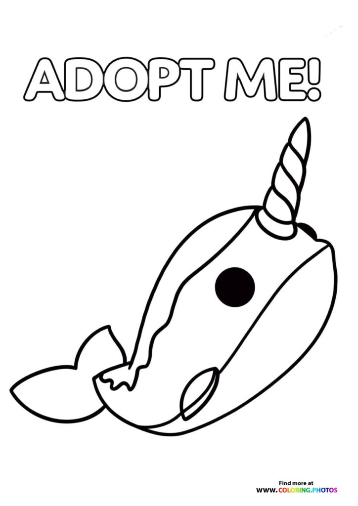 Adopt Me narwhal with spiral horn and tail fin coloring page