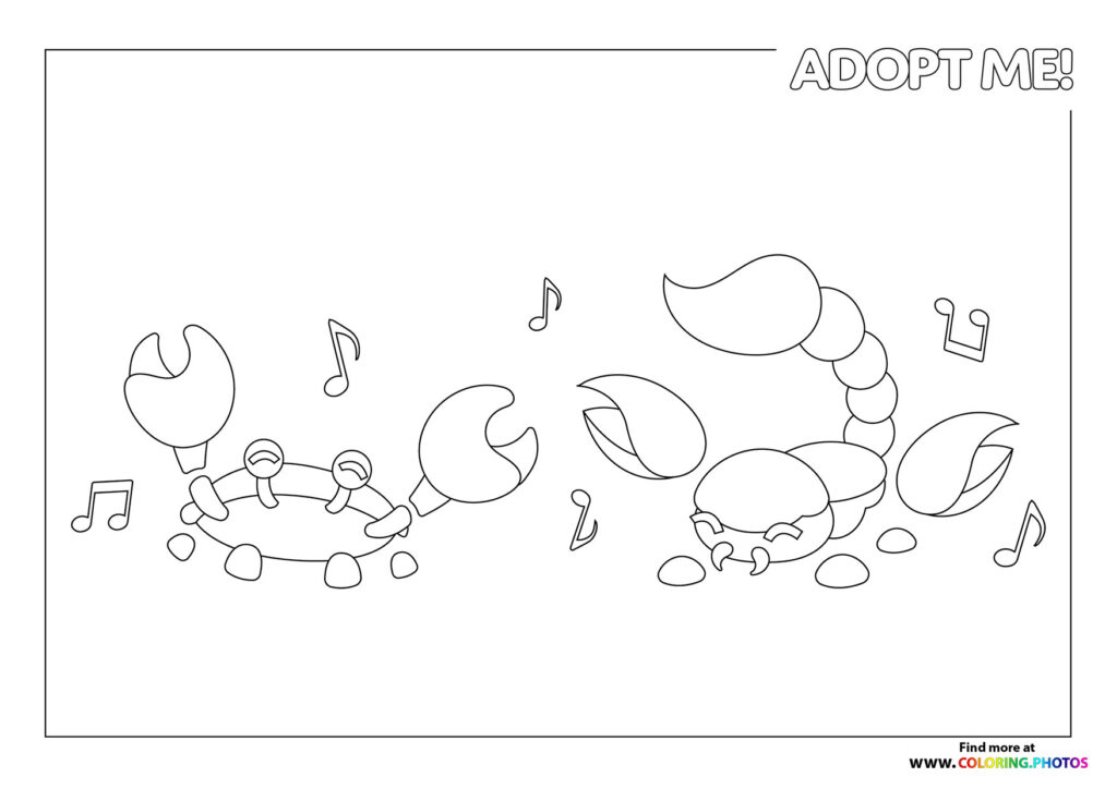 Adopt Me pets and players dancing with musical notes floating around coloring page from Roblox