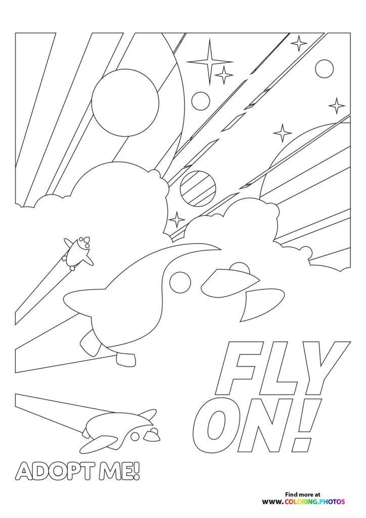 Two flying pets from Adopt Me soaring through a magical starry sky with sparkles and light rays coloring page