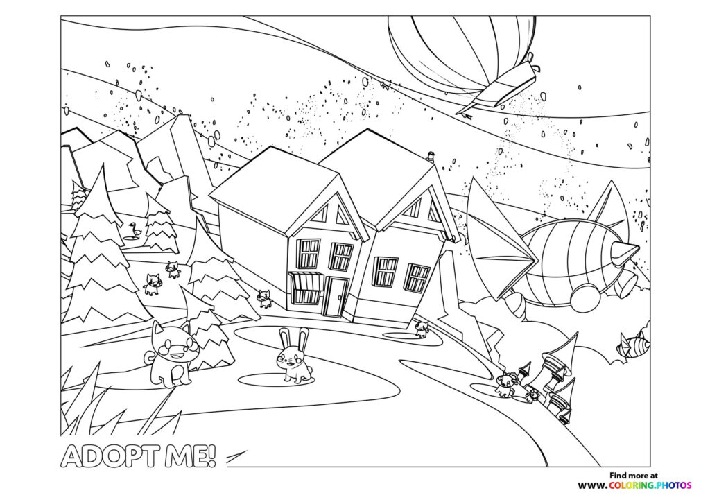 Adopt Me Roblox house with pets and flying vehicles coloring page