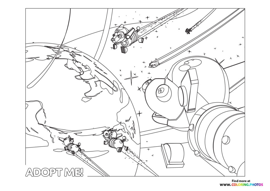 Adopt Me pets floating in space with planets and spacecraft coloring page from Roblox game