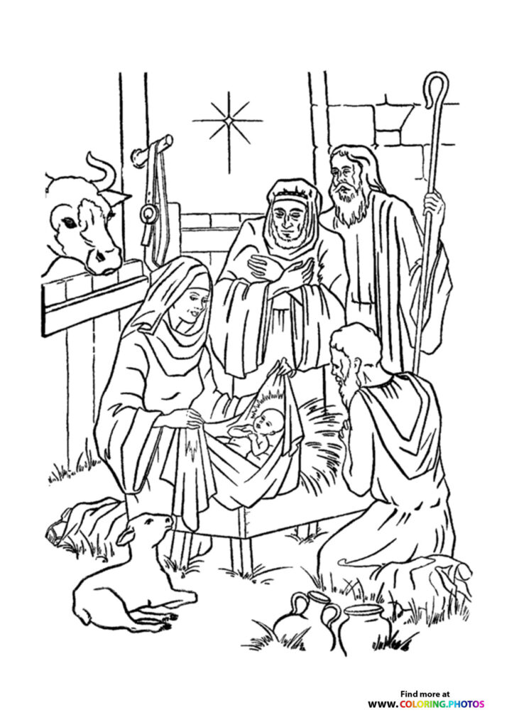Mary and baby Jesus surrounded by shepherds and wise men in a stable with animals and a shining star, Nativity coloring page