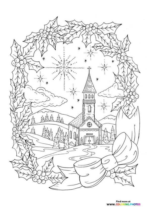 Advent church in the snow coloring page