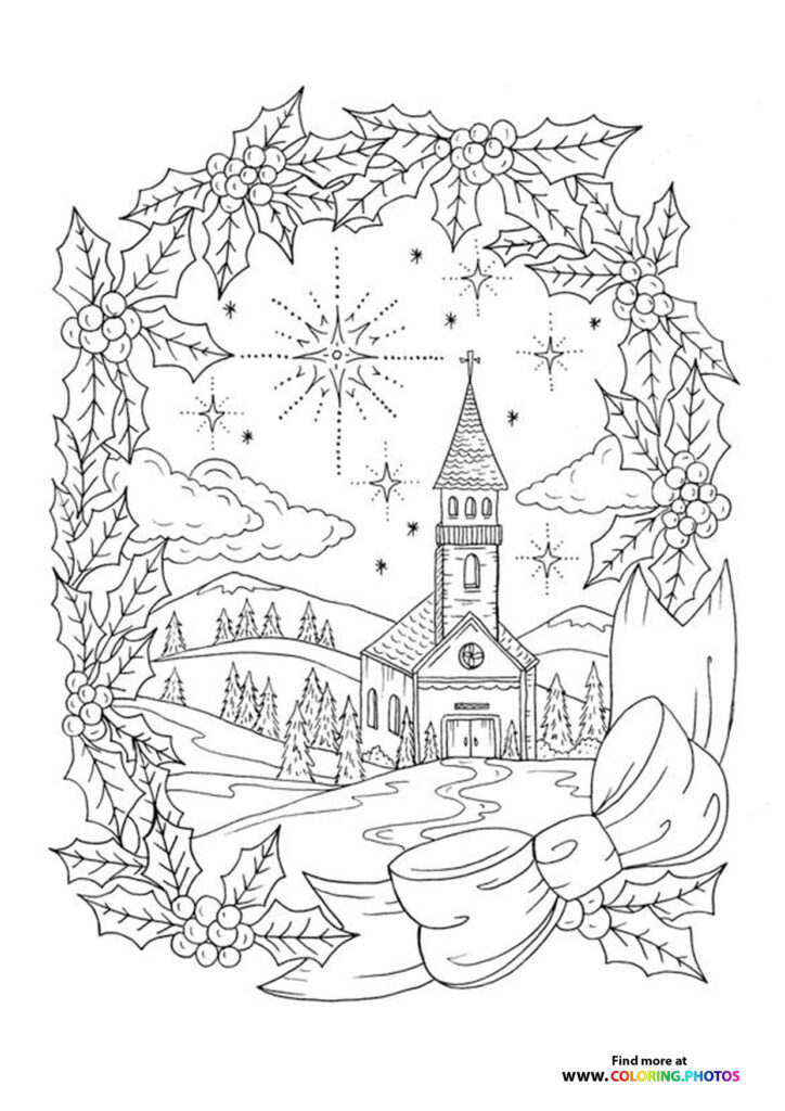 Church with steeple surrounded by snowy landscape and holly berry wreath with ribbon bow, Advent coloring page