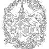 Advent church and ornaments coloring page