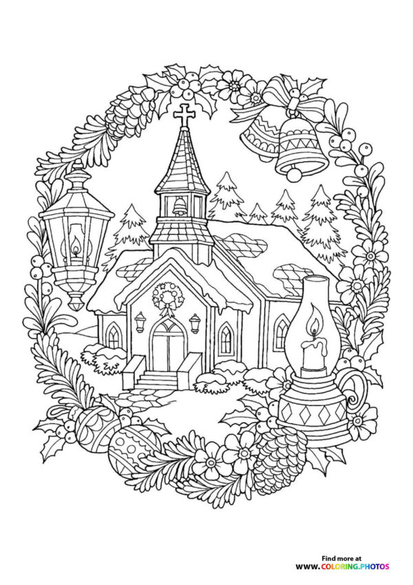 Advent church and ornaments coloring page