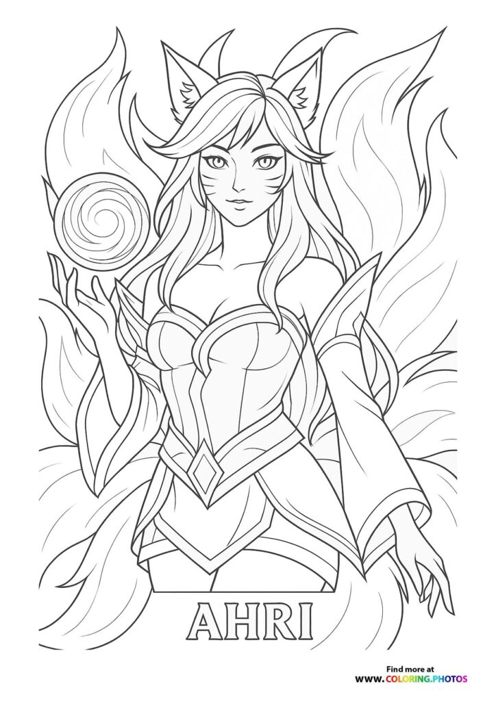 Ahri with nine tails and fox ears from League of Legends coloring page