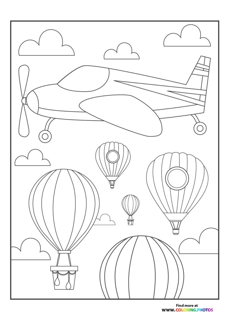 Small propeller airplane flying with three hot air balloons and clouds coloring page