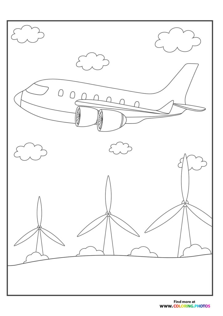 Commercial airplane flying over wind turbines and clouds coloring page