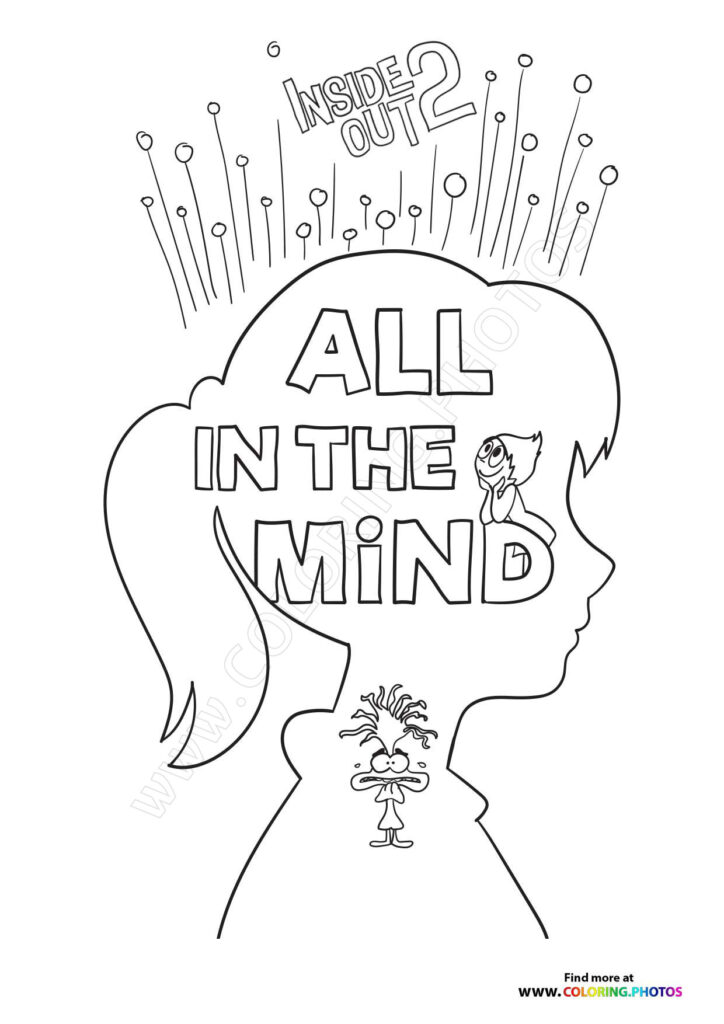 Riley's head silhouette with 'All in the Mind' text and emotions inside from Inside Out 2 coloring page