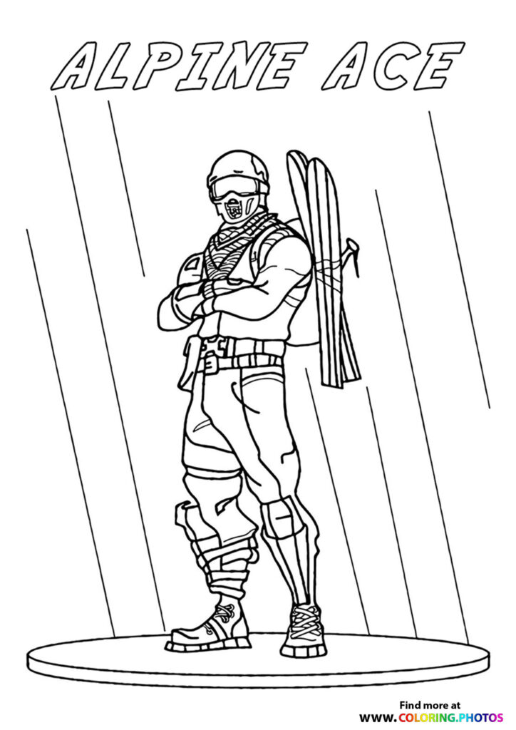 Alpine Ace Fortnite skin wearing helmet and tactical gear holding skis coloring page