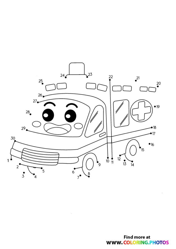 Happy ambulance character with smiling face and medical cross on the side, numbered dot-to-dot coloring page