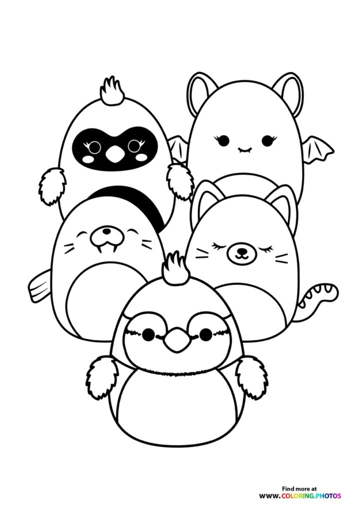 Five cute Squishmallow plushies arranged together, each with unique facial features and animal designs coloring page