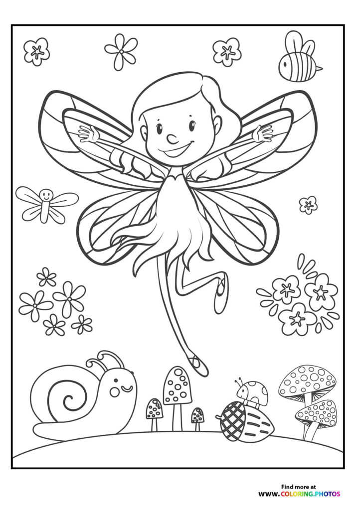 Smiling fairy with patterned wings floating above mushrooms, flowers, and garden creatures coloring page