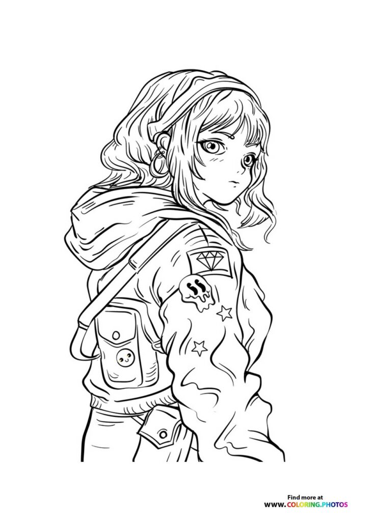 Anime girl with wavy hair, jacket with diamond and skull tattoos coloring page
