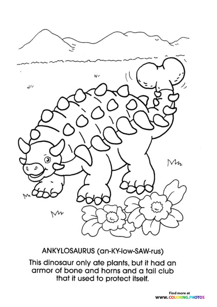 Ankylosaurus with bone armor, horns, and club tail surrounded by plants, educational dinosaur coloring page