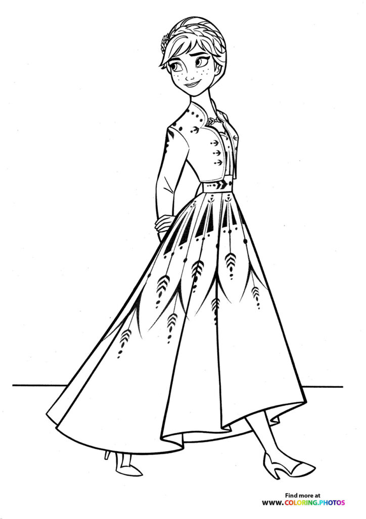 Anna wearing her coronation dress with feathered skirt patterns coloring page from Frozen