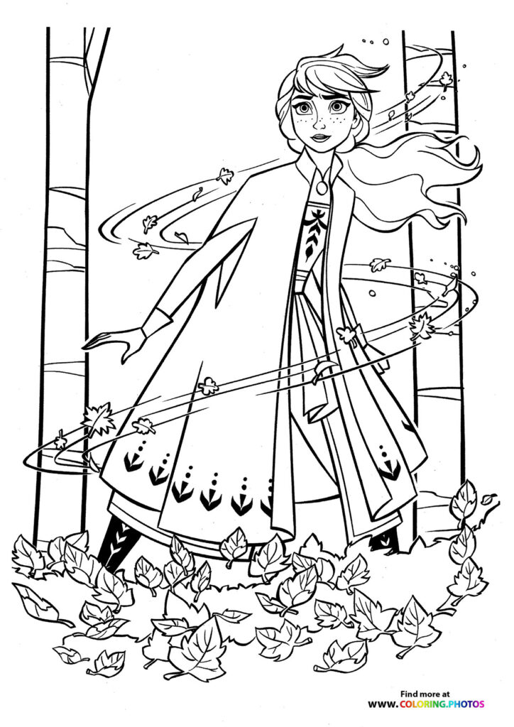 Anna from Frozen standing in a magical forest with swirling magic, falling leaves, and tall trees coloring page