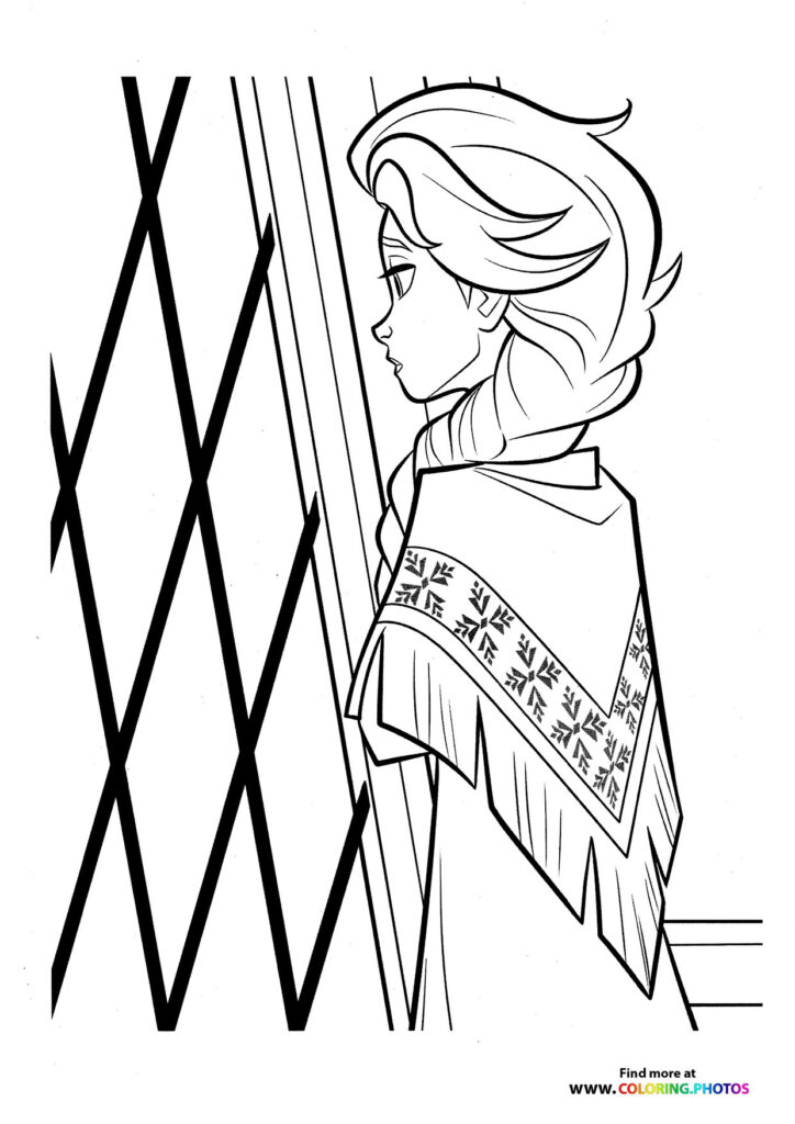 Anna from Frozen wearing a winter cape with snowflake details, standing in profile coloring page