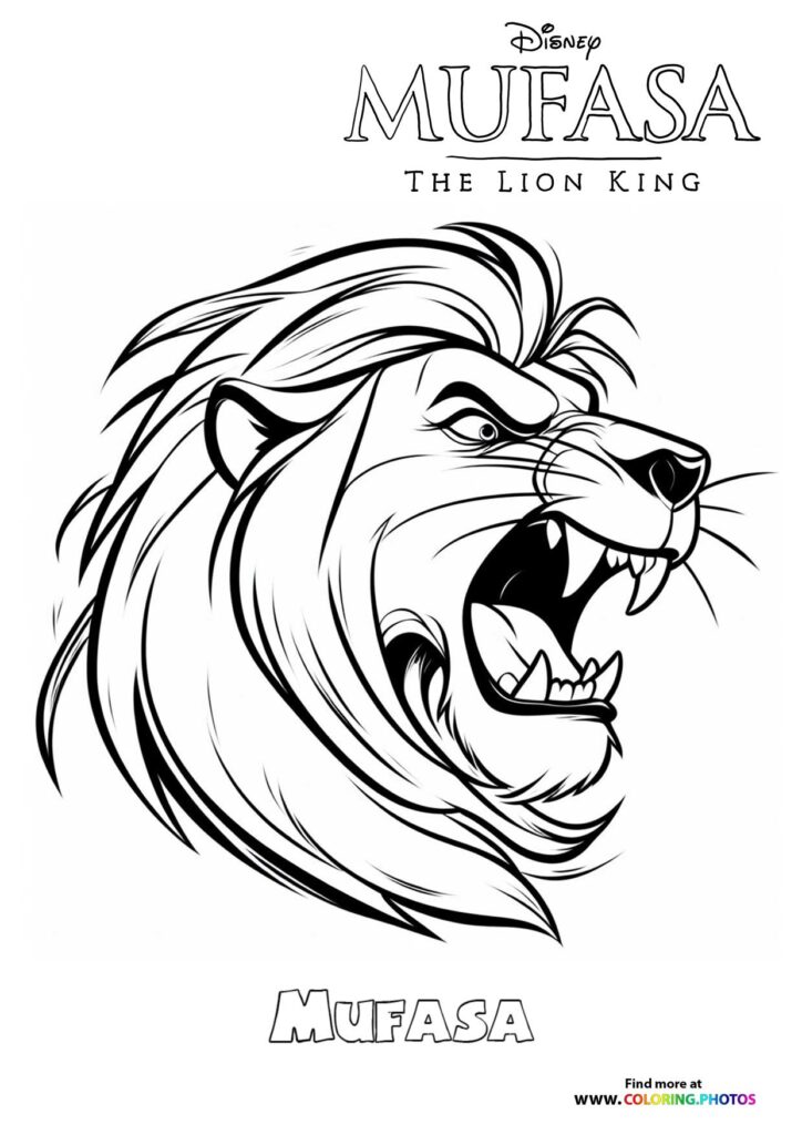 Mufasa with flowing mane roaring fiercely coloring page from Mufasa The Lion King 2024