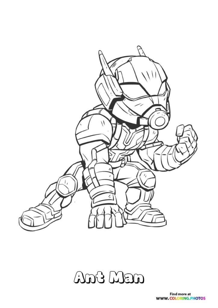 Ant-Man in his tech suit with antennae helmet coloring page from Marvel Rivals video game