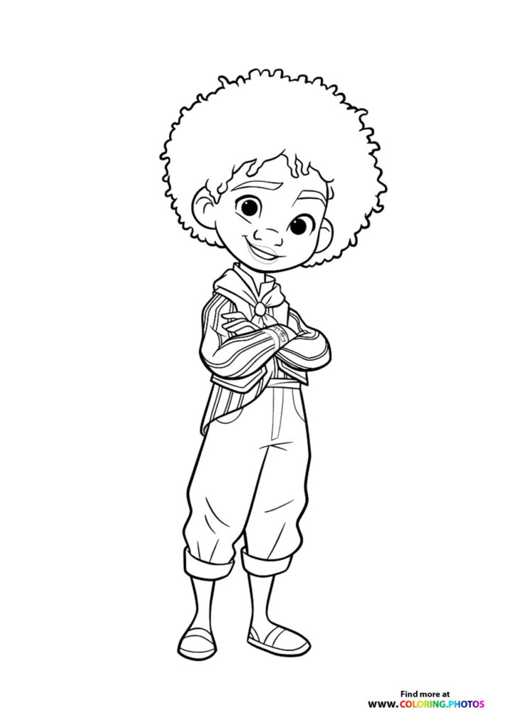Mirabel from Encanto holding a magical flower, wearing her ruana coloring page
