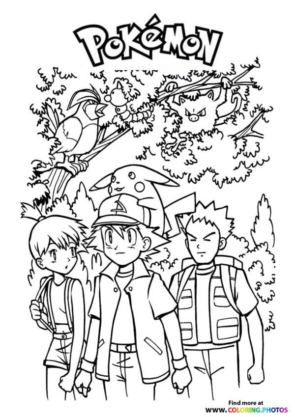 Ash, Misty and Brock - Pokemon coloring page