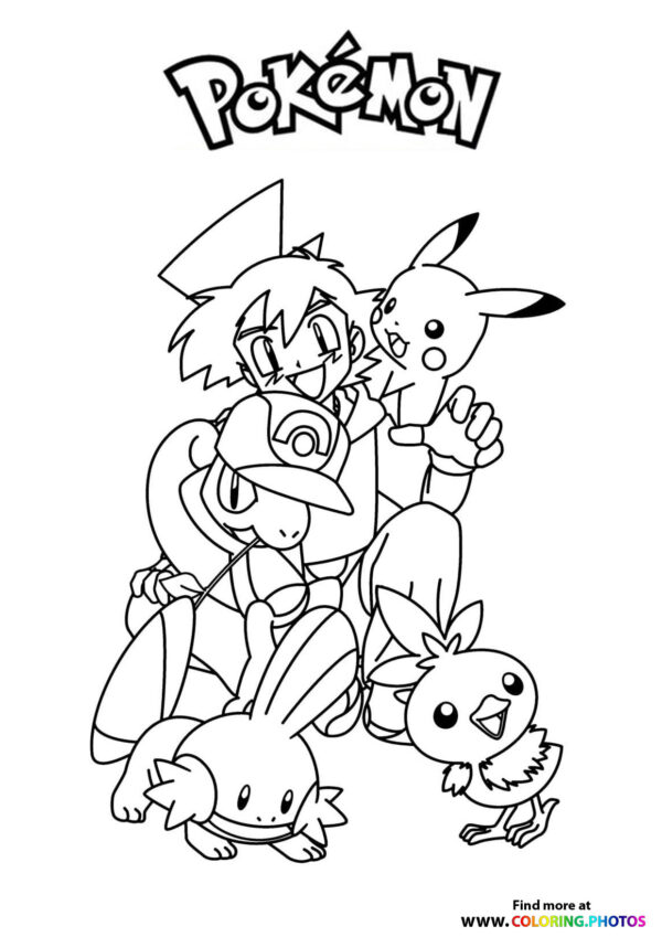 Ash with his pokemon - Pokemon coloring page