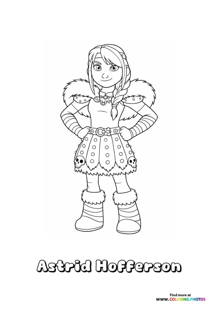 Astrid Hofferson in Viking armor with fur shoulders and polka-dot skirt coloring page from How to Train Your Dragon