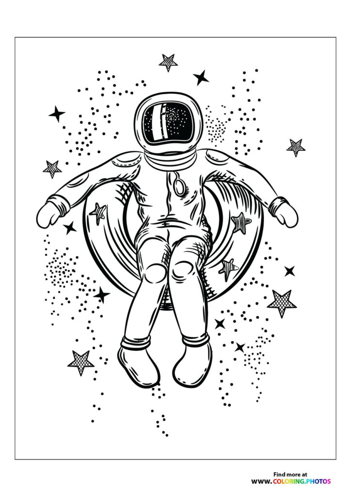 Astronaut in full spacesuit floating among stars and dots in space coloring page