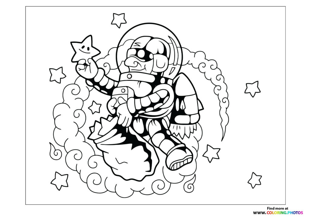 Astronaut in space suit holding a smiling star surrounded by clouds and floating stars coloring page