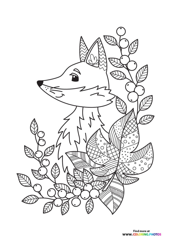 Deer with patterned autumn leaves and berries surrounding its head coloring page