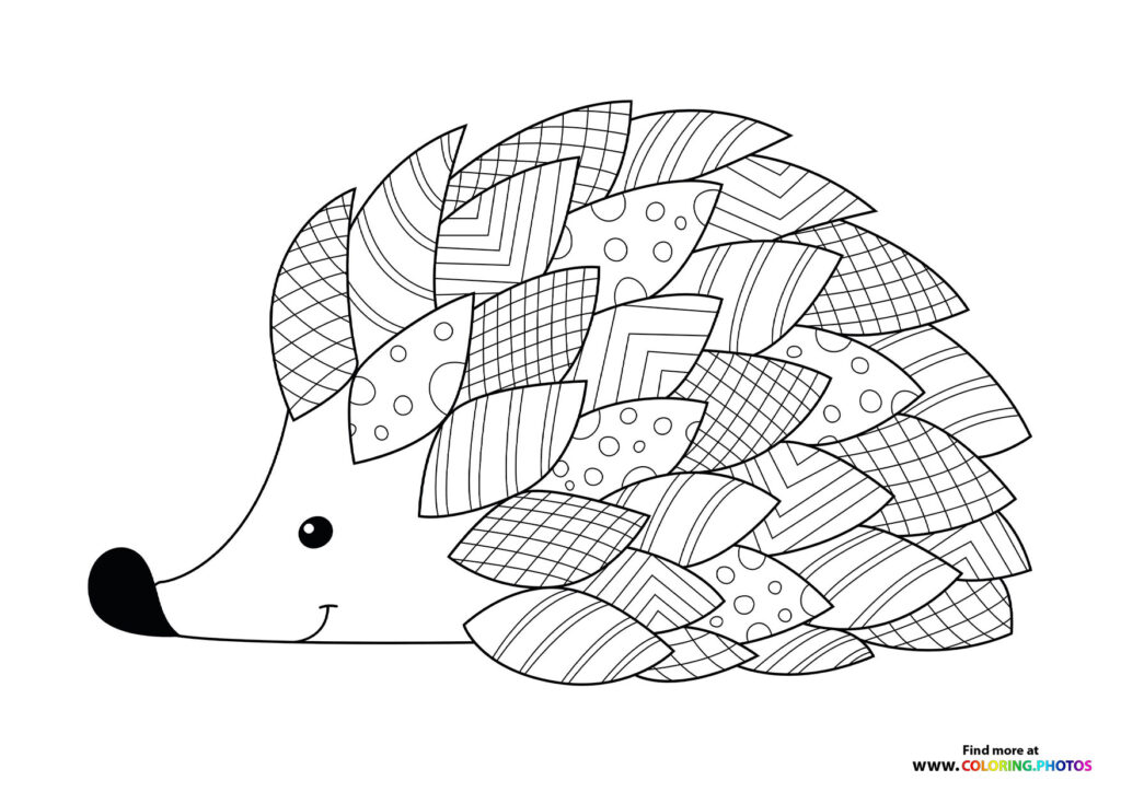Hedgehog with patterned autumn leaves covering its back coloring page
