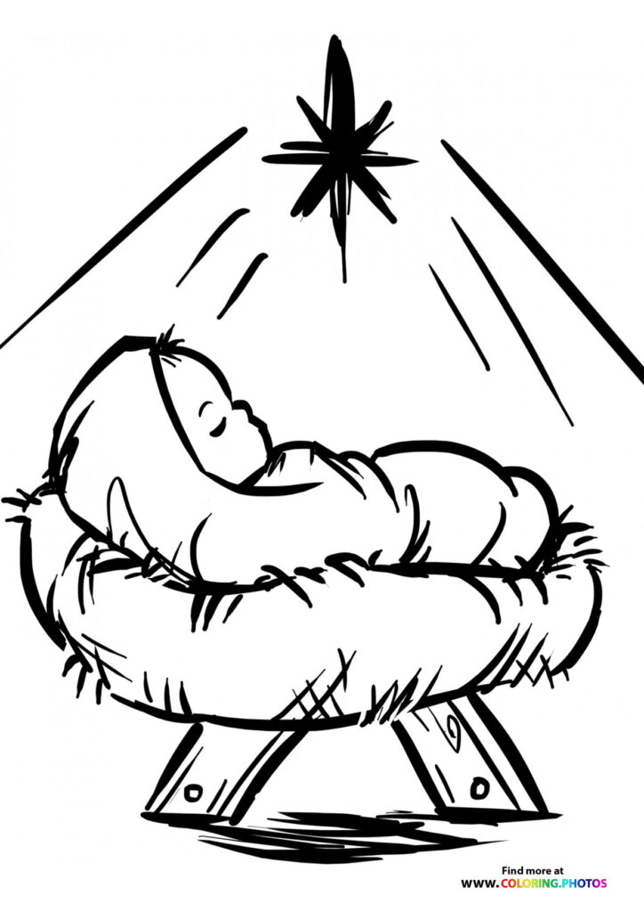 Baby Jesus sleeping in a wooden manger with straw and the Star of Bethlehem shining above coloring page
