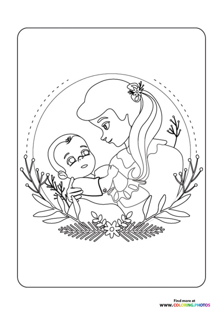 Mother holding baby surrounded by floral wreath coloring page for Mother's Day