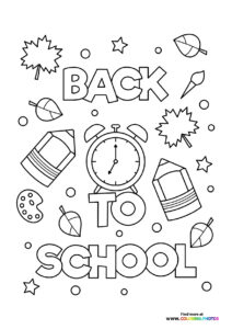 Back to School alarm clock with pencils, art supplies, and leaves coloring page