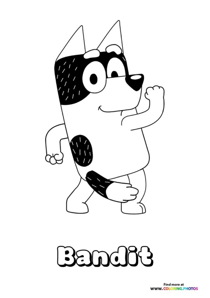 Bandit Heeler from Bluey standing with paws up and smiling coloring page